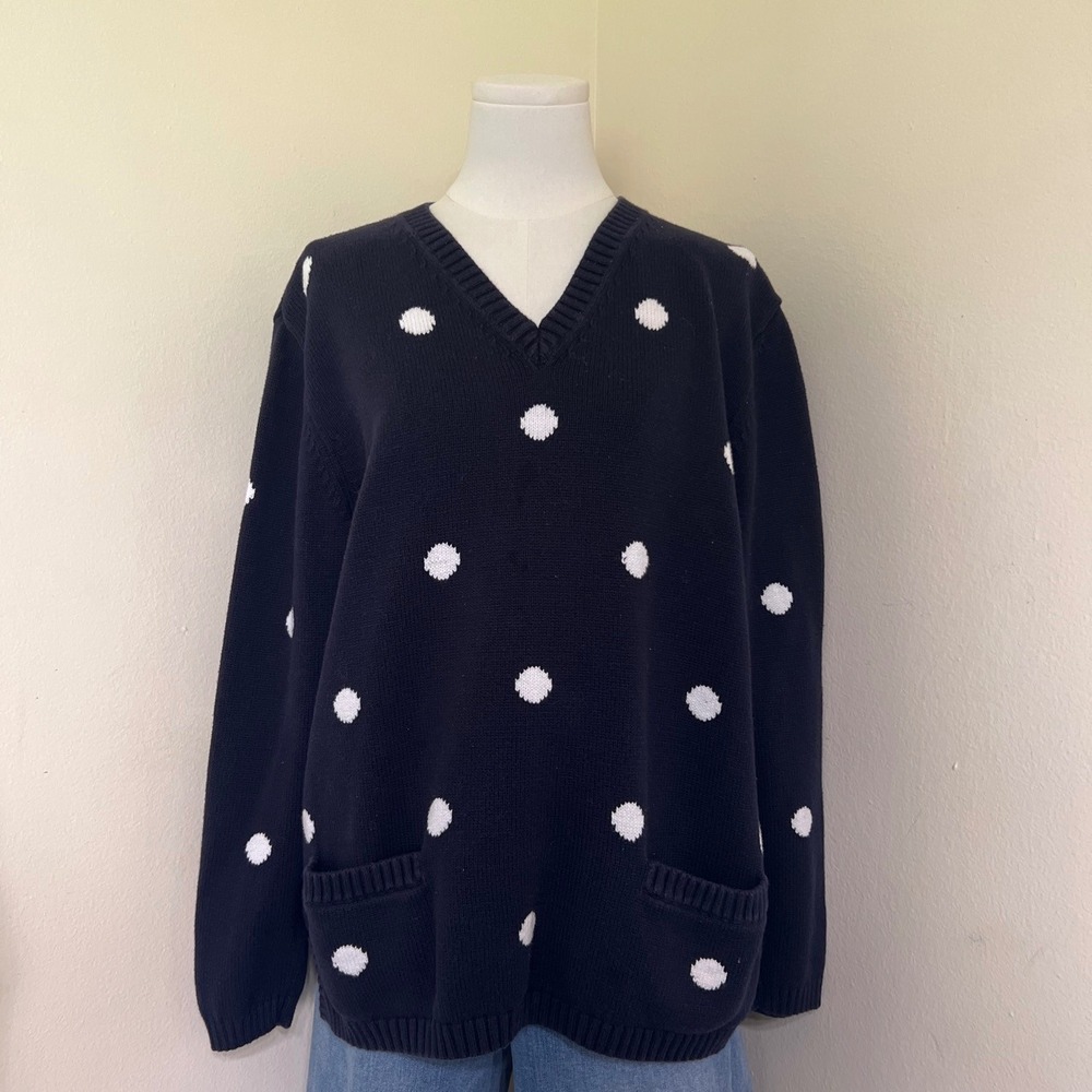 Jones New York Sport Navy Polka Dot 100% Cotton V-Neck Sweater Womens Pockets M